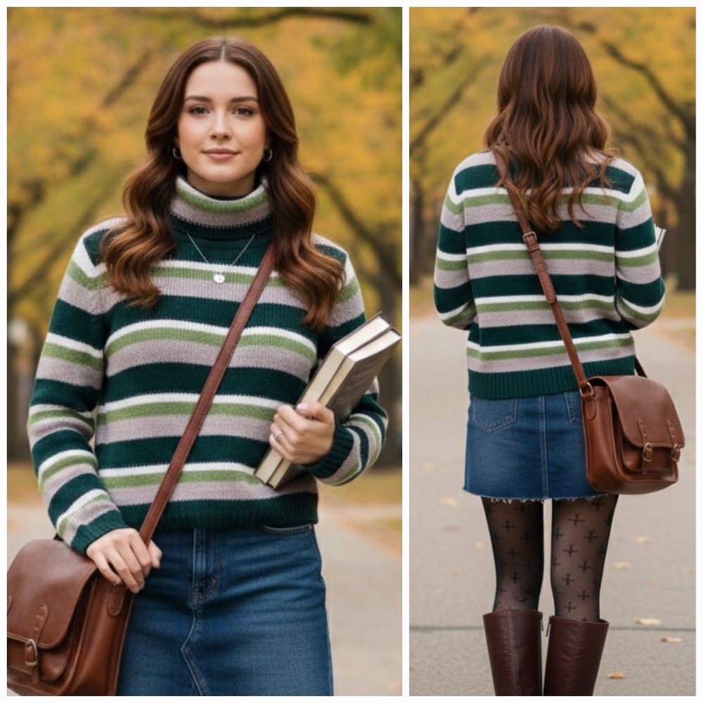 American Eagle M Y2K Preppy Rory Gilmore Striped Lambswool Knit Turtleneck - Picture 3 of 13